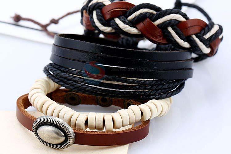 Customized wholesale cheap vintage braided leather bracelet set