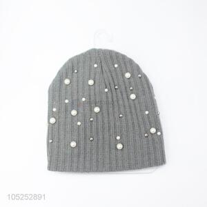 Factory promotional gray fashion women knitted cap with pearls