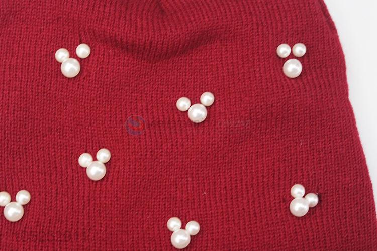 Bottom price red beautiful women knitted cap with pearls1