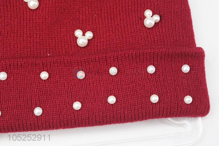 Bottom price red beautiful women knitted cap with pearls1