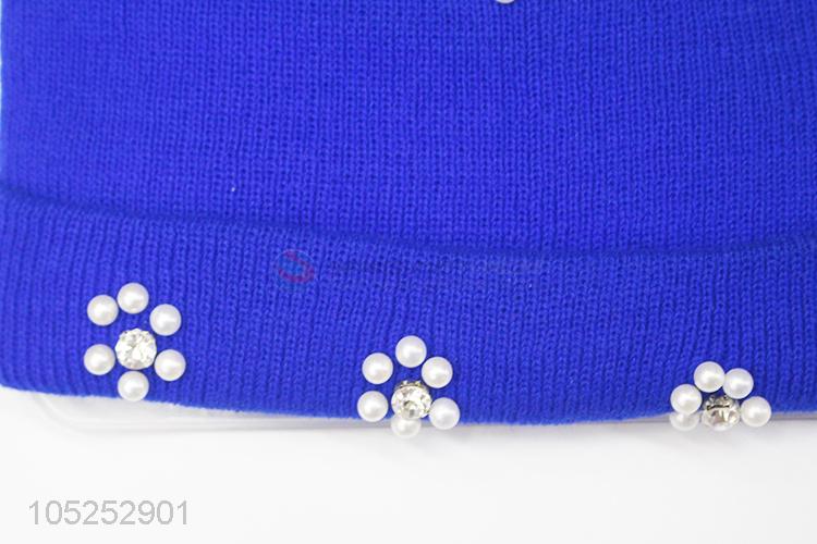 Cheap wholesale blue delicate women knitted cap with pearls