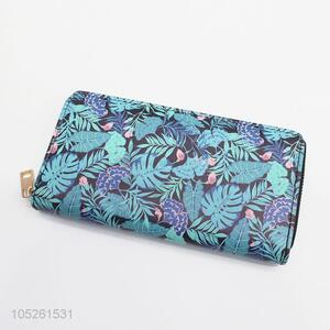 Women Blue Color Flower Pattern Clutch Bag Ladies PU Leather Wallet