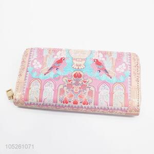 Luxury Women Zipped Cheap PU Leather Cartoon Brid Pattern Long Wallet