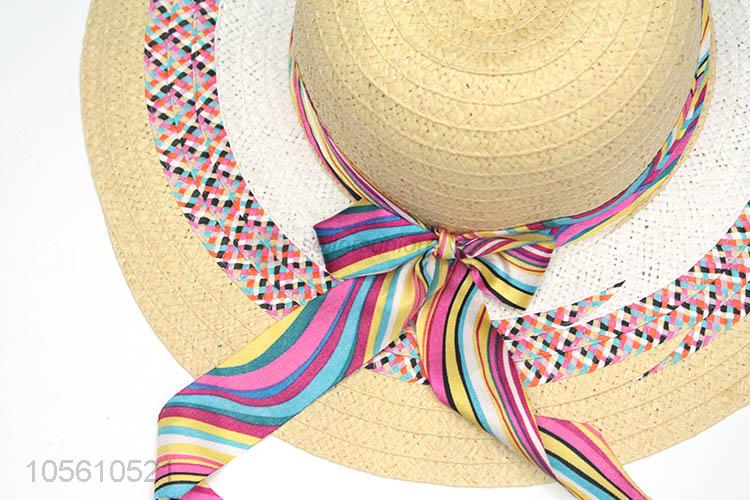 High quality lady sun caps women straw beach hat with ribbon