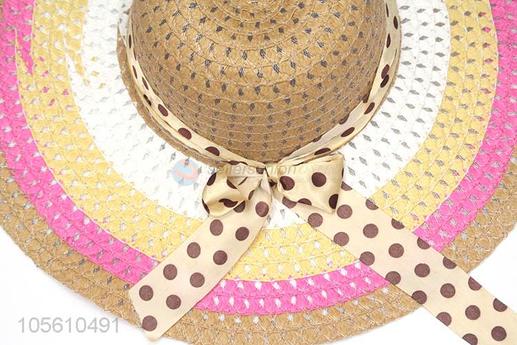 Low price women summer beach straw hat wide brim cap with ribbon