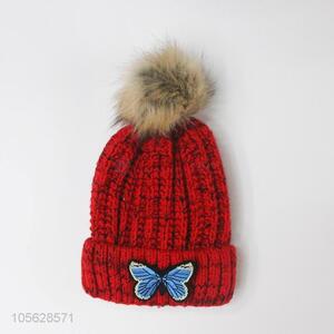 Fashion Butterfly Pattern Winter Pompon Beanies Cap For Women