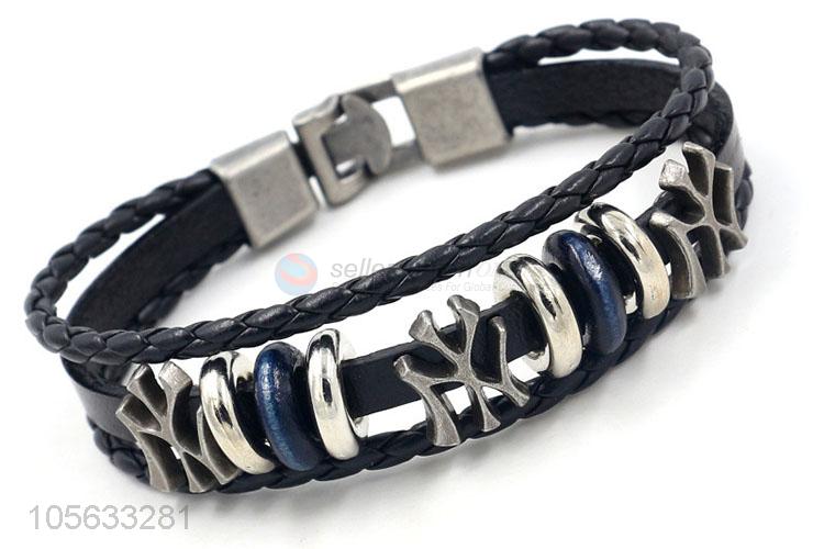 Top quality cheap multitier men leather bracelet vintage braided beaded bracelet