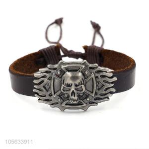 Professional manufacturer mens adjustable leather bracelet with skull charms