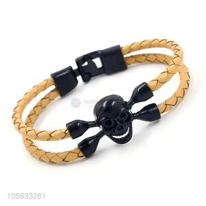 Promotional cheap handmade mens braided retro alloy skull bracelet