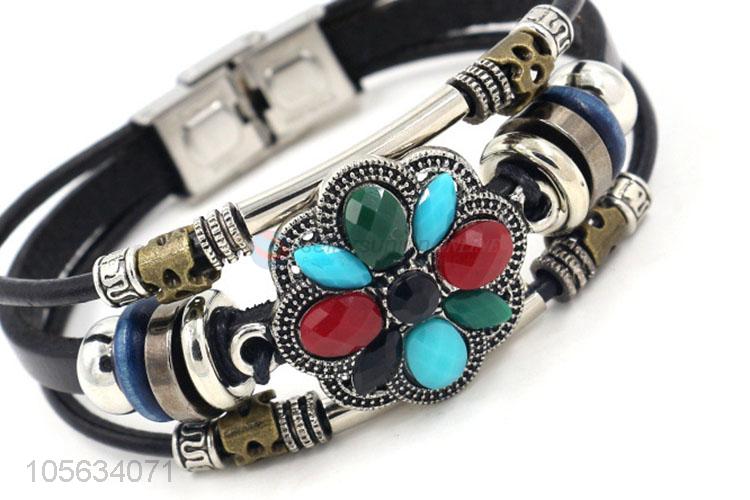 Wholesale new multilayer retro leather bracelet with alloy flower