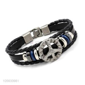 Factory sales handmade mens leather bracelet retro alloy braided bracelet