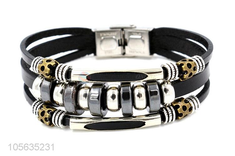 China maker handmade retro multilayer leather beaded bracelet for men