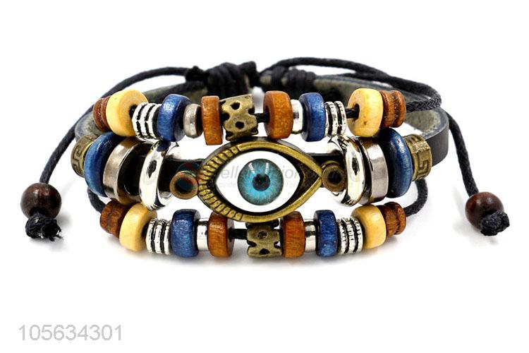 Promotional products multitier men leather bracelet vintage alloy eye bracelet