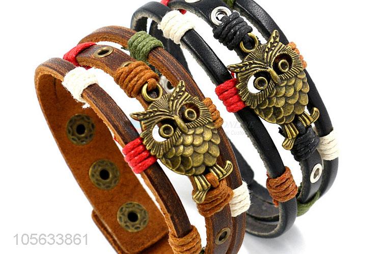 Factory OEM owl charm custom men braided leather handmade bracelet