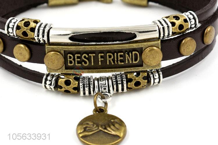 Top selling handmade mens leather bracelet with retro alloy charms