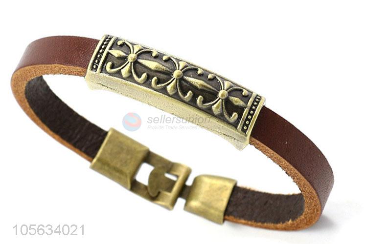 Good quality handmade retro genuine leather alloy bracelet for men