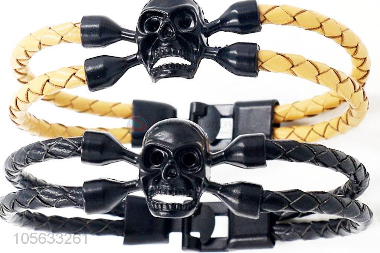 Promotional cheap handmade mens braided retro alloy skull bracelet