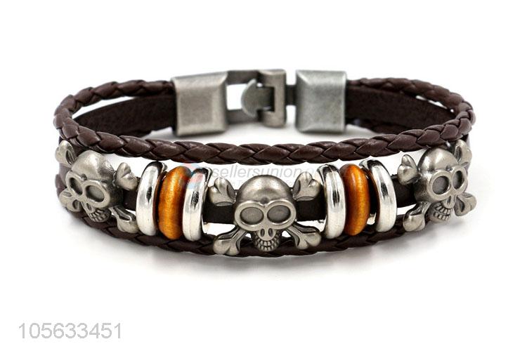 Factory directly sell vintage punk men leather bracelet with skull charms