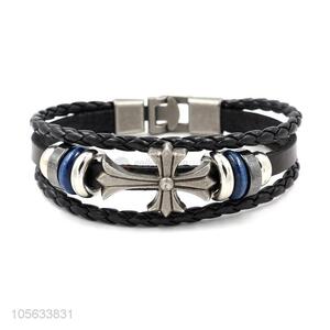 Top sale handmade mens leather bracelet retro alloy braided bracelet