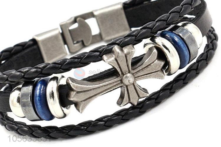 Top sale handmade mens leather bracelet retro alloy braided bracelet