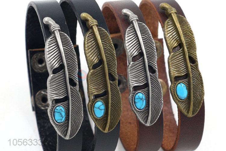 Top sale fashion charm custom men leather alloy leaf bracelet