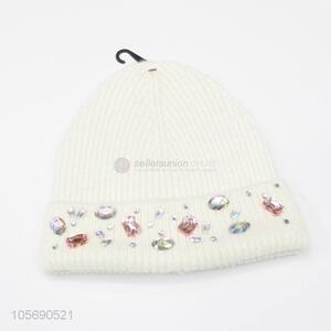 Cheap Professional Whire Winter Warm Knitting Hat with Rhinestone