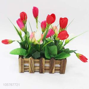 Lowest Price Artificial Flower in Wooden Fence Pot