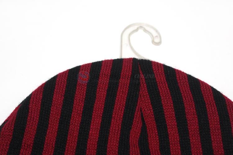 Good quality red vertical striped knit winter warm hat