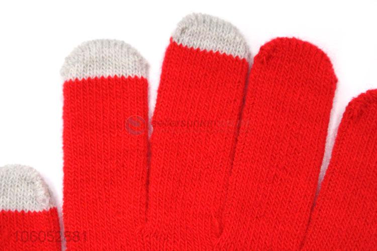 Unique design red skull pattern warm knit touch screen gloves