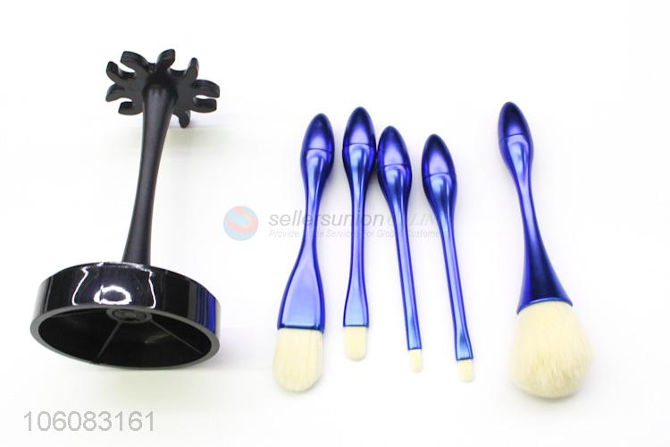 Best price blue matte plastic handle nylon synthetic hair makeup brush set with holder