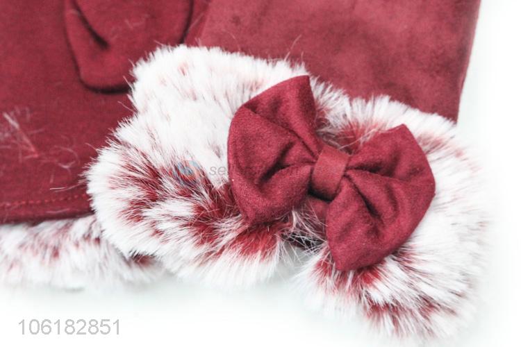 Good Quality Fur Suede Gloves With Bowknot For Women