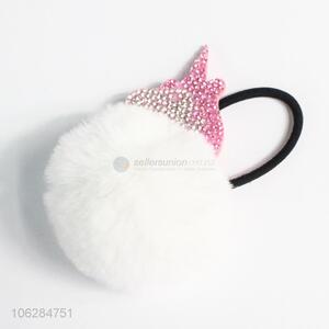 Cute artificial cony hair ball hair ring with colorful stones