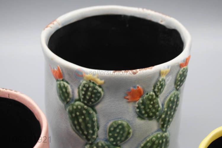 Wholesale price colorful cactus embossed ceramic flowerpots