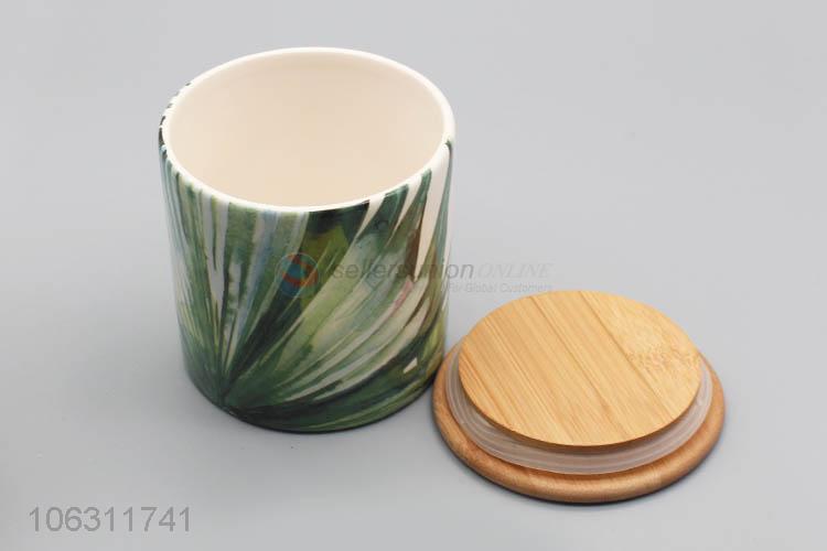 China manufacturer green plant leaf pattern ceramic storage jar