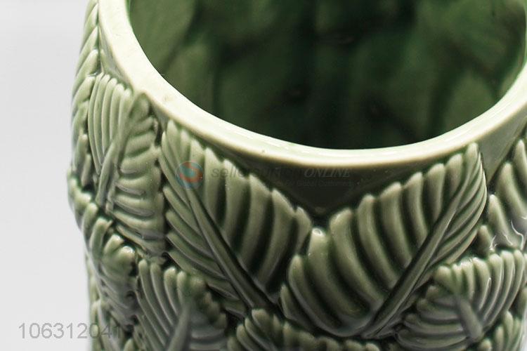 Bottom price leaf embossed design green ceramic vase