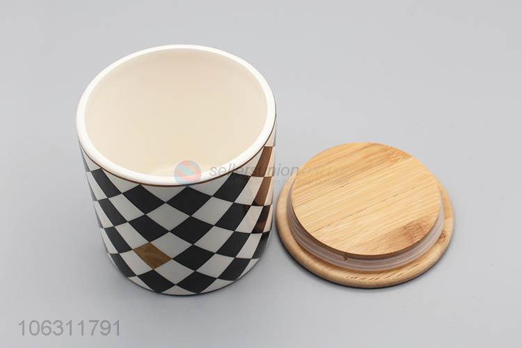 Hot selling rhombus pattern round ceramic storage jar