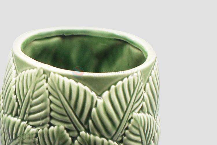 Bottom price leaf embossed design green ceramic vase