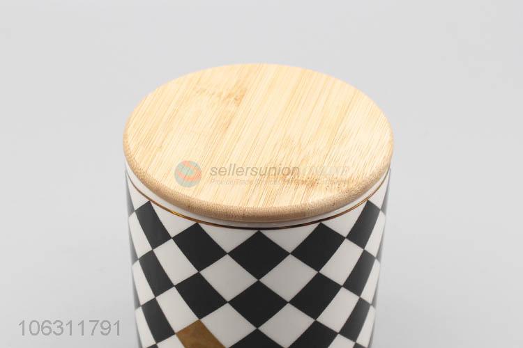 Hot selling rhombus pattern round ceramic storage jar