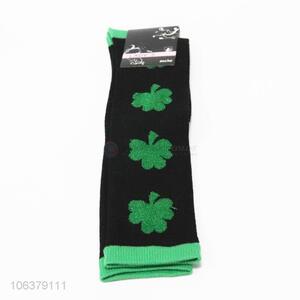 Top selling ladies winter green leaf pattern jacquard long socks