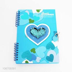 New design sequin heart spiral notebook with lock and key