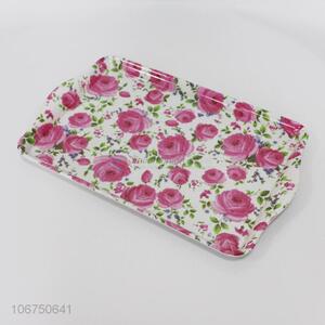 Top selling fashion rose printed melamine food tray with double handles