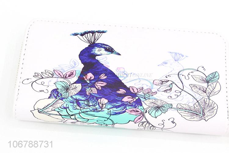 Fashion Peacock Pattern Long Purses Ladies Zipper Wallet