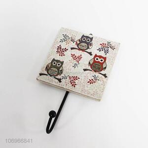 Hot sell square owl printed wooden wall hook for decoration