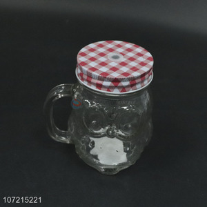 Wholesale creative owl design clear glass mason jar with lid & straw