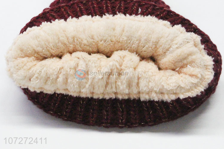 Hot sale women winter fleece beanie hat knitted hat with pompom