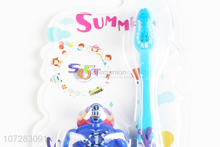 Premium products cartoon shape handle kids toothbrush with toy robot