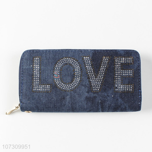 Promotional popular hot drilling denim ladies purse girl clutch bag