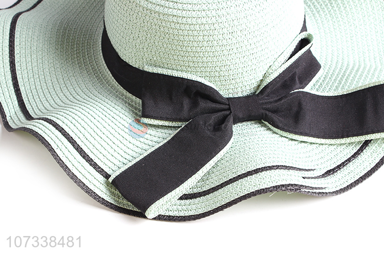 High Quality Wide Brim Wave Women Sun Floppy Straw Hat With Bow