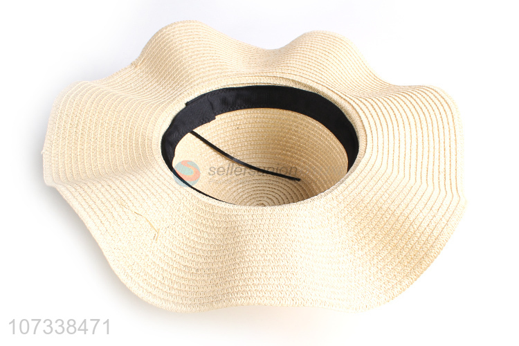 Contracted Design Paper Straw Hat Bow Sunhats Floppy Wave Straw Hat