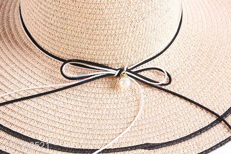 Promotional Lady Decorate Bow Summer Sunshade Floppy Wide Brim Straw Hat